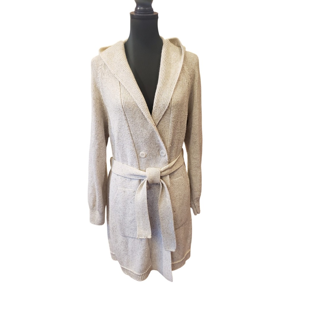 Argentina Oatmeal Beige Knit Hooded Cardigan Double Breasted Belted Sweater Coat